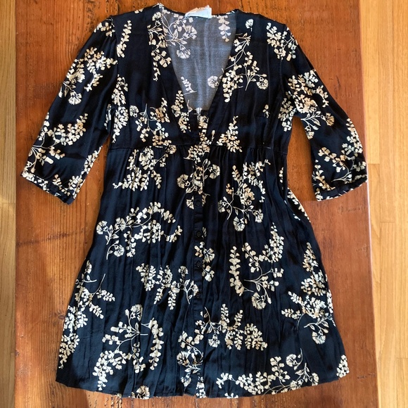 Ba&sh Babydoll Black and Cream Floral Dress 3/4 Sleeve Flowy Size Large